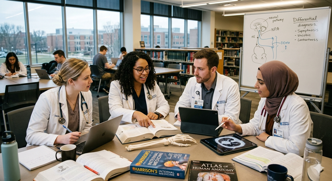 Medical students studying together during a clinical learning session.